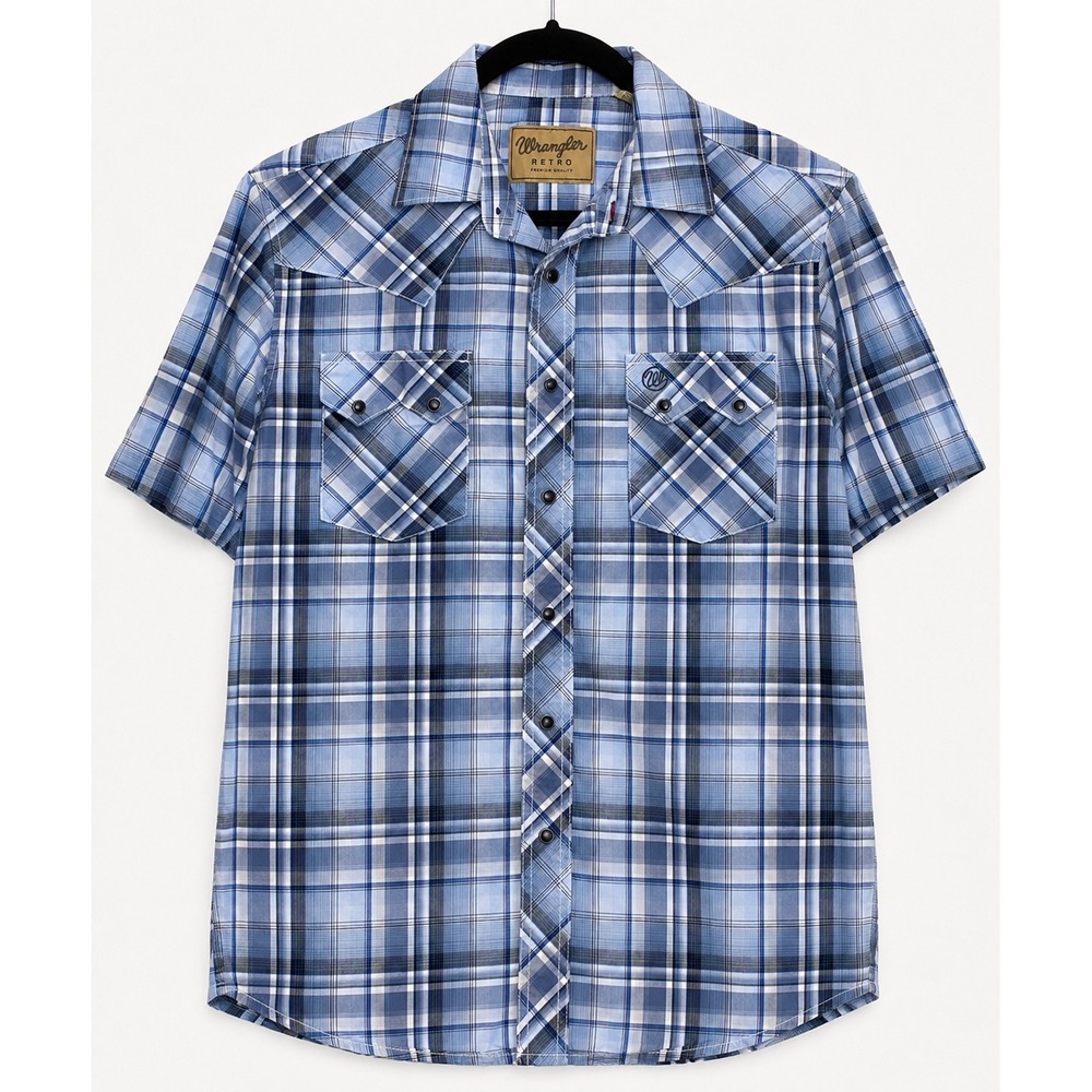 Wrangler Retro Mens Blue Plaid Short Sleeve Pearl Snap Western Shirt Medium